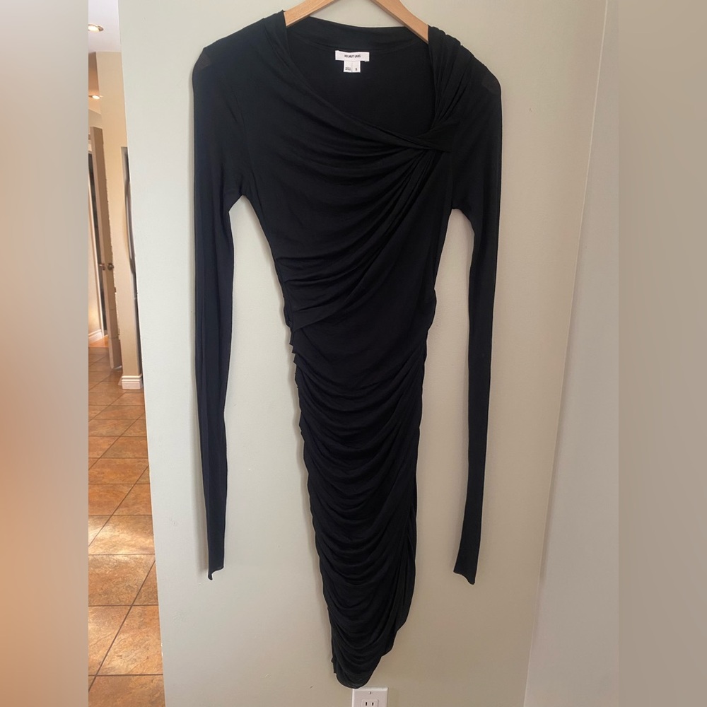 Helmut Lang Asymmetric Ruched Mini Dress Sz Small Minimalist Dark Academia Goth - Picture 7 of 9